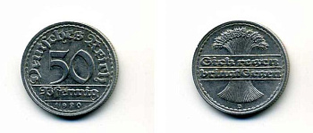 ГЕРМАНИЯ 50 ПФЕННИГОВ 1920 D KM 27, J. 301 алюминий 29-356