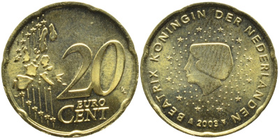 Нидерланды 20 евроцентов 2003 Беатрикс (1980-2013) KM 238 латунь UNC 4391-327