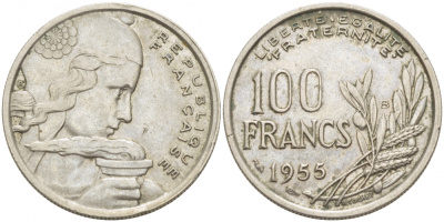 ФРАНЦИЯ 100 ФРАНКОВ 1955 В KM 919.2 медно-никель 77-931