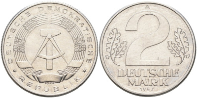 ГДР 2 марки 1957 А KM 14 алюминий UNC 4574-516