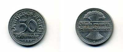 ГЕРМАНИЯ 50 ПФЕННИГОВ 1920 D KM 27, J. 301 алюминий 29-356