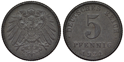 Германия 5 пфеннигов 1921 A KM 19, J. 297, Weege 5 железо 4118-1123