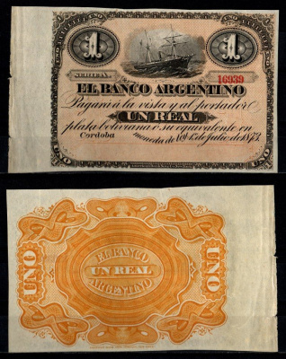 Аргентина 1 реал 1873 корабль Pick S1478 бумага 451-1100-2