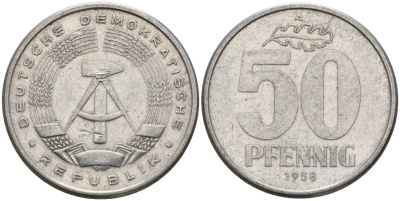 ГДР 50 пфеннигов 1958 A KM 12.1 алюминий 106-1231