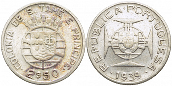 Португальское Сан-Томе и Принсипи 2,5 эскудо 1939 первый год KM 5 серебро 413-2025