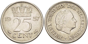 Нидерланды 25 центов 1957 Юлиана (1949-1980) KM 183 никель 3955-151