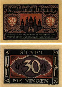 МАЙНИНГЕМ 30 ПФЕННИГОВ 1921 НОТГЕЛЬД, 31 ИЮЛЯ 1921, ЗЕМЛЯ ТЮРИНГИЯ Grabowski 877.4 бумага 8608-13-3-1