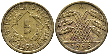 ГЕРМАНИЯ 5 РЕЙХСПФЕННИГОВ 1926 A KM 39, J. 316 алюминиевая бронза 39-558