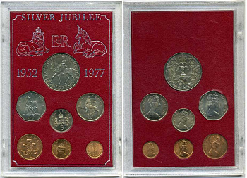 Великобритания набор из 7 монет 1977 25 лет правления Елизаветы (1952-1977), в пластиковой упаковке UNC 3-6-4-10