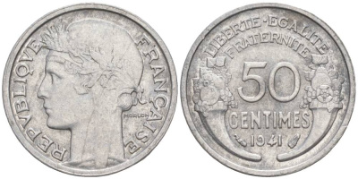 ФРАНЦИЯ 50 САНТИМОВ 1941 ТИП MORLON LOURDE KM 894.1a, LE FRANC 193.2 алюминий 44-235