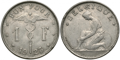 Бельгия 1 франк 1923 Belgique, Альберт I (1909-1934) KM 89 никель 51-1947