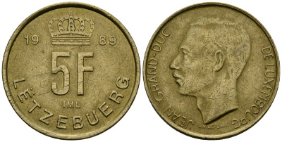 Люксембург 5 франков 1989 Великий герцог Жан (1964 - 1999) KM 65 алюминиевая бронза 4171-1154