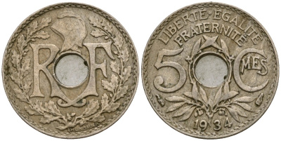Франция 5 сантимов 1934 KM 875 медно-никель 4164-652
