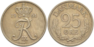 ДАНИЯ 25 ЭРЕ 1961 С; S, ФРЕДЕРИК IX (1947-1972) KM 850 медно-никель 67-1157