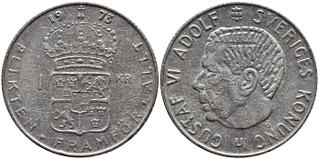 Швеция 1 крона 1973 Густав VI Адольф (1950-1973) KM 826а медь плакированная медно-никелем 4395-1141