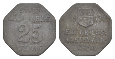 Мюльхайм-на-Руре 25 пфеннигов 1917 Funck 344.1, Men05 17152.1, Men18 21517.1 цинк 4643-913