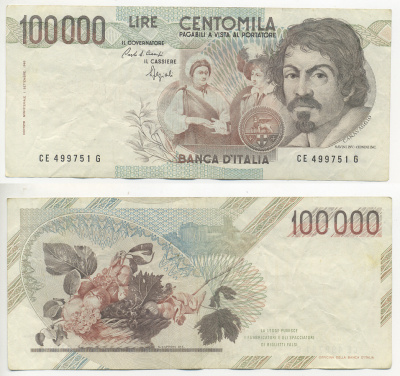 Италия 100000 лир 1983 Караваджо, фруктовый букет, подпись Speziali Pick 110b бумага 7220-11-3