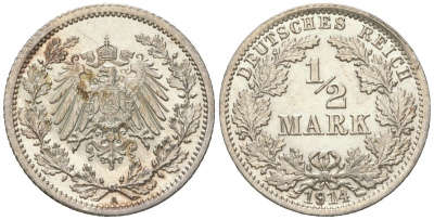 Германия 1/2 марки 1914 A KM 17 серебро UNC 63-346