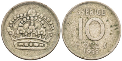 Швеция 10 эре 1952 Густав VI Адольф (1950-1973) KM 823 серебро 4585-351