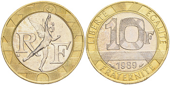 Франция 10 франков 1989 тип гений Бастилии KM 964.1, Le Franc 375.3 биметалл  4556-147
