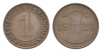 Германия 1 рейхспфенниг 1929 D KM 37, J. 313 бронза 4644-1042