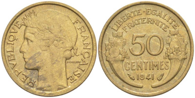ФРАНЦИЯ 50 САНТИМОВ 1941 ТИП MORLON KM 894.1, LE FRANC 192.18 алюминиевая бронза 44-523
