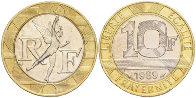 Франция 10 франков 1989 тип гений Бастилии KM 964.1, Le Franc 375.3 биметалл  4556-147