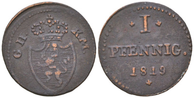 Гессен-Дармштадт 1 пфенниг 1819 G H K M, Людвиг I (1816-1830) KM 283 медь 4615-315