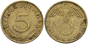Германия 5 рейхспфеннигов 1938 A KM 91, J. 363 алюминиевая бронза 4151-814