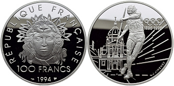 Франция 100 франков 1994 100 лет Олимпийскому движению (1896-1996), копьеметатель KM 1048 серебро PROOF 06-273-45