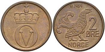 Норвегия 2 эре 1959 глухарь, Улаф V (1958-1991) KM 410 бронза UNC 4582-523
