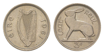 Ирландия 3 пенса 1961 заяц KM 12a медно-никель aUNC 4627-817