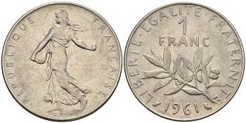 Франция 1 франк 1961 сеятель KM 925.1 никель      4603-116