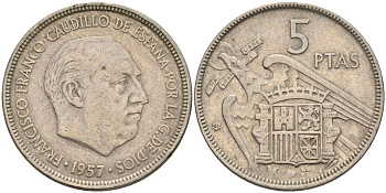 Испания 5 песет 1957 (61) Франсиско Франко (1939 - 1975) KM 786 медно-никель 4155-534