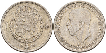 Швеция 1 крона 1945 TS, Густав V (1907-1950) KM 814 серебро 4148-1025