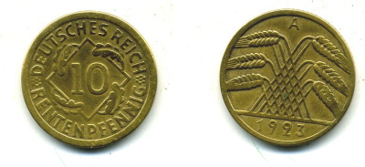 ГЕРМАНИЯ 10 РЕНТЕНПФЕННИГОВ 1923 A, KM 33, J. 309 алюминиевая бронза 23-813