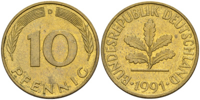 ФРГ 10 пфеннигов 1991 D KM 108, J. 383 сталь плакированная латунью 4175-1135