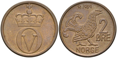 Норвегия 2 эре 1959 глухарь, Улаф V (1958-1991) KM 410 бронза UNC 4582-523