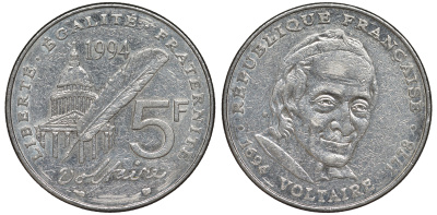 Франция 5 франков 1994 300 лет со дня рождения Вольтера KM 1063, Le Franc 344.2 медно-никель плакированный никелем 91-533