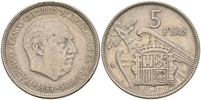 Испания 5 песет 1957 (61) Франсиско Франко (1939 - 1975) KM 786 медно-никель 4155-534