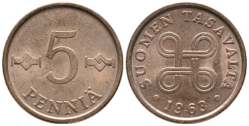 ФИНЛЯНДИЯ 5 ПЕННИ 1963 KM 45 медь 100-1267