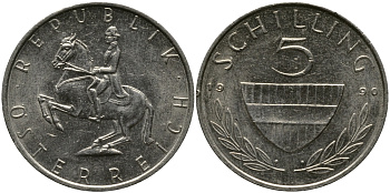АВСТРИЯ 5 ШИЛЛИНГОВ 1990 KM 2889а медно-никель 33-625