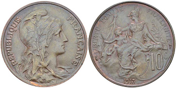 ФРАНЦИЯ 10 САНТИМОВ 1913 ТИП ДАНИЭЛЬ ДЮПЮИ KM 843, LE FRANC 136.23 бронза 180-511