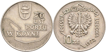 Польша 10 злотых 1972 MW, 50 лет морскому порту в Гдыне KM 65 медно-никель 4517-325