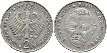 ФРГ 2 МАРКИ 1991 D, ЭРХАРД ЛЮДВИГ КМ 170 J.445 медно-никель плакированный никелем 80-545