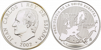 Испания 10 евро 2002 Председательство Испании в Евросоюзе, карта KM 1048 серебро PROOF 02-112-21