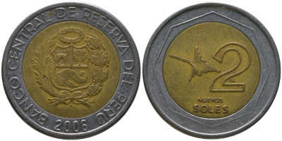 Перу 2 соли 2006 LIMA KM 313, Schon 108 биметалл 4543-217