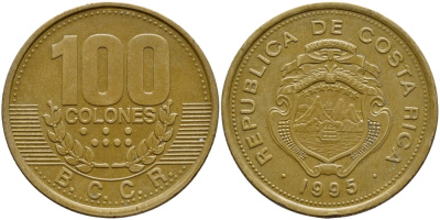 КОСТА-РИКА 100 КОЛОН 1995 B.C.C.R., ГОД ТИП KM 230 сталь плакированная латунью 63-823