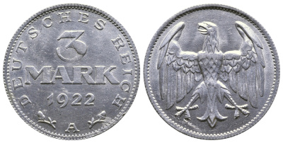 ГЕРМАНИЯ 3 МАРКИ 1922 А KM 28, J. 302 алюминий 4380-726
