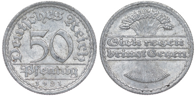 Германия 50 пфеннигов 1921 A KM 27, J. 301 алюминий 4114-151